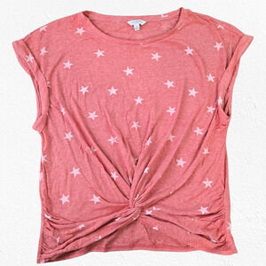 Lucky Brand Red Star Print Twist Front T Shirt Soft Rolled Sleeve USA Size Large